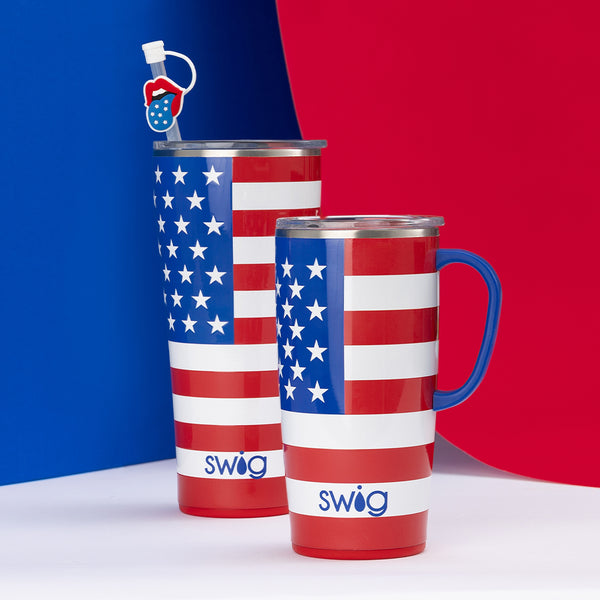 Swig Life All American Insulated 32oz Tumbler and 22oz Travel Mug on a red white and blue background