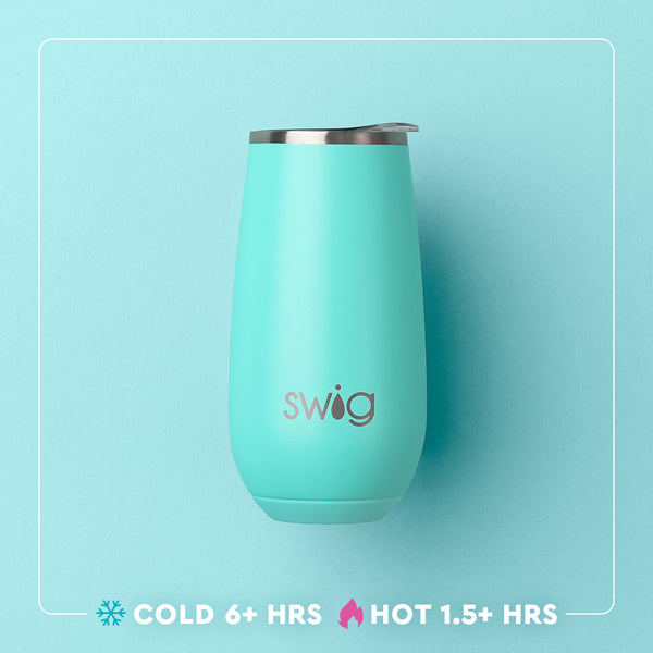 Swig Life 6oz Stemless Flute temperature infographic - cold 6+ hours or hot 1.5+ hours