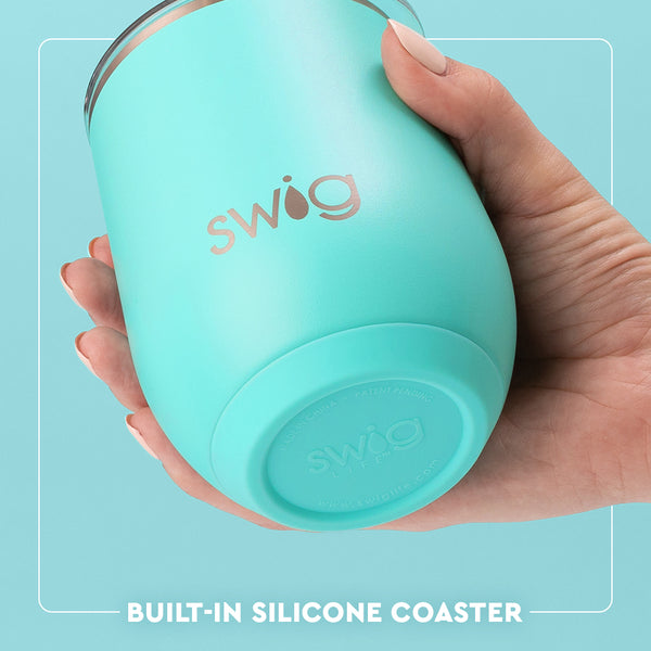 Swig Life 12oz Stemless Wine Cup Built-in Silicone Coaster Base infographic shown in Aqua - slip-free, scratch-free, noise-free 