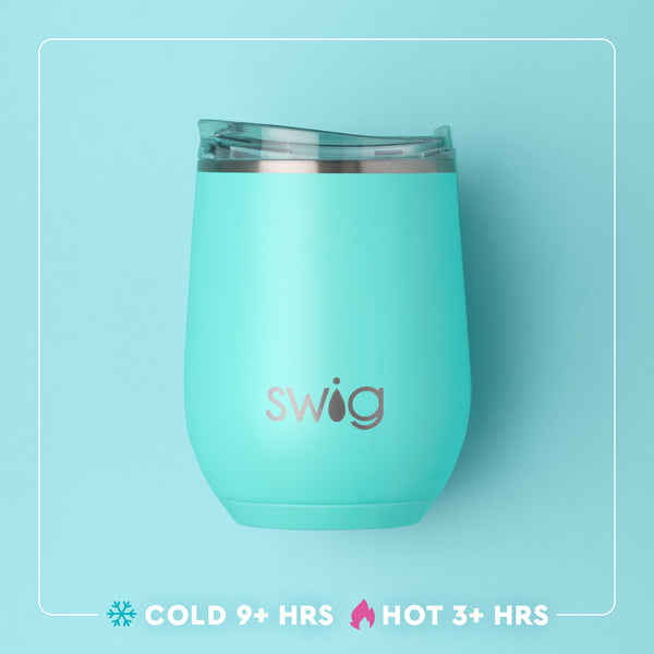 Swig Life 12oz Stemless Wine Cup temperature infographic - cold 9+ hours or hot 3+ hours