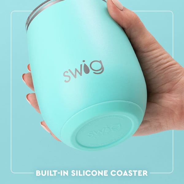 Swig Life 14oz Stemless Wine Cup Built-in Silicone Coaster Base infographic shown in Aqua - slip-free, scratch-free, noise-free 