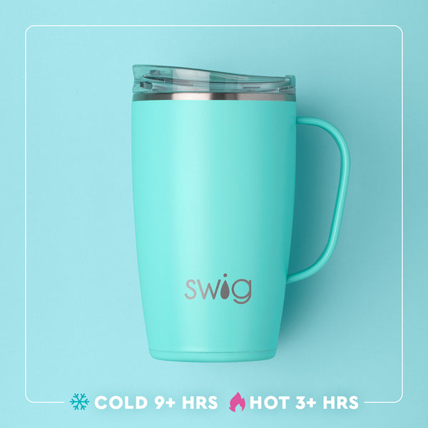 Swig Life 18oz Travel Mug temperature infographic - cold 9+ hours or hot 3+ hours