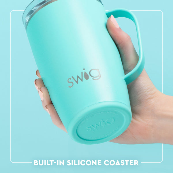 Swig Life Built-in Silicone Coaster Base infographic shown in Aqua - slip-free, scratch-free, noise-free 