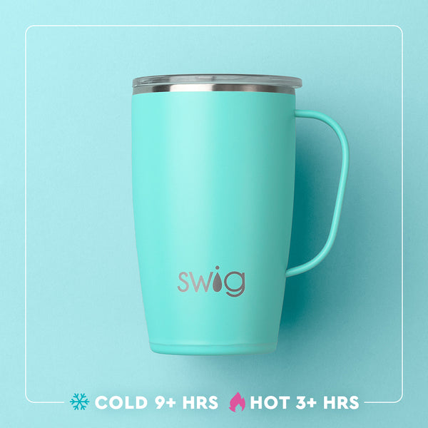 Swig Life 18oz Travel Mug temperature infographic - cold 9+ hours or hot 3+ hours