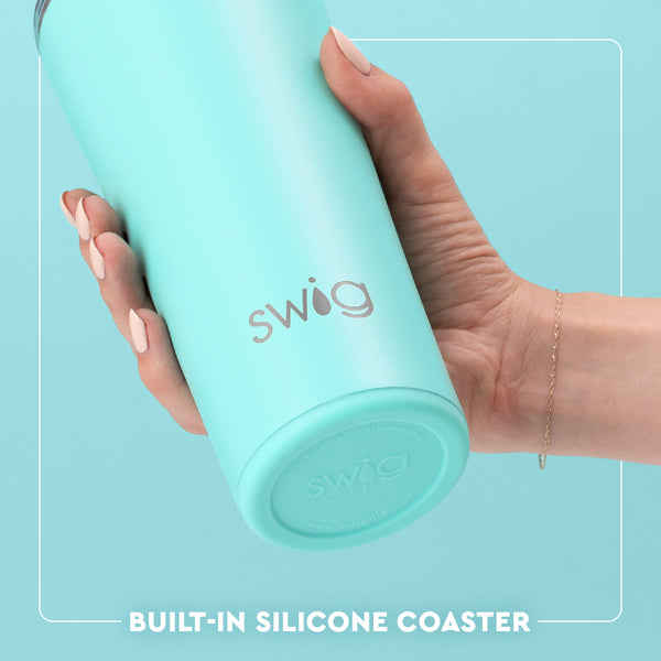 Swig Life 22oz Tumbler Built-in Silicone Coaster Base infographic shown in Aqua - slip-free, scratch-free, noise-free 