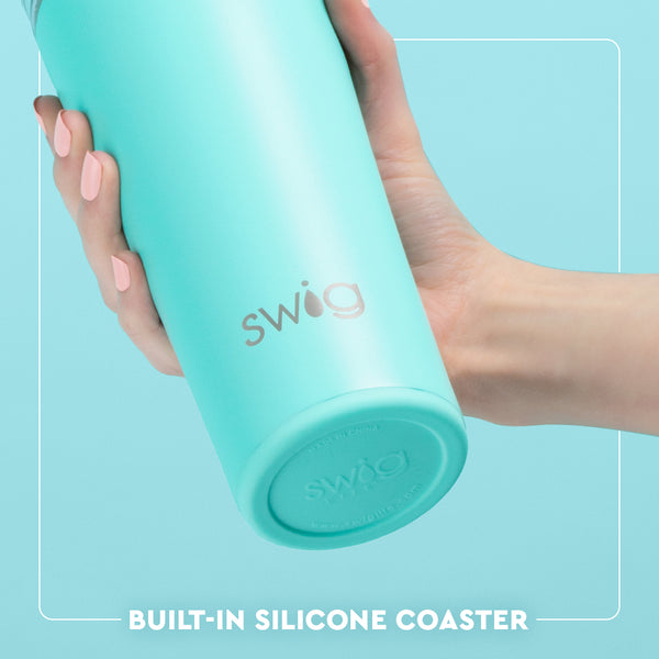 Swig Life Built-in Silicone Coaster Base infographic shown in Aqua - slip-free, scratch-free, noise-free 