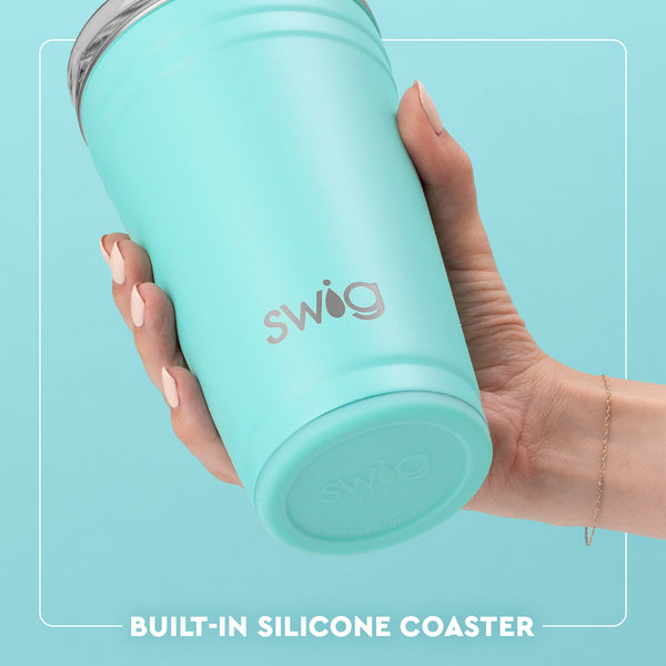 Swig Life 24oz Party Cup Built-in Silicone Coaster Base infographic shown in Aqua - slip-free, scratch-free, noise-free 