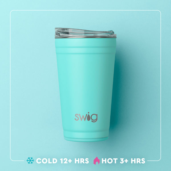 Swig Life 24oz Party Cup temperature infographic - cold 12+ hours or hot 3+ hours