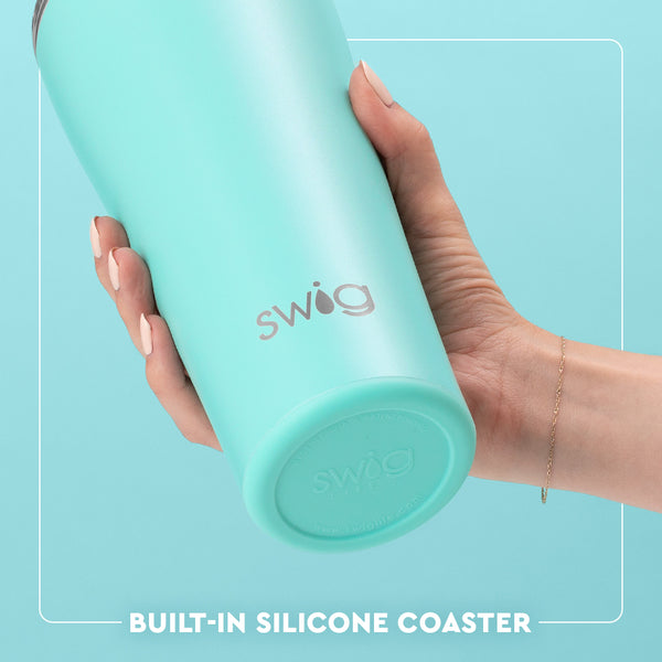 Swig Life 32oz Tumbler Built-in Silicone Coaster Base infographic shown in Aqua - slip-free, scratch-free, noise-free 