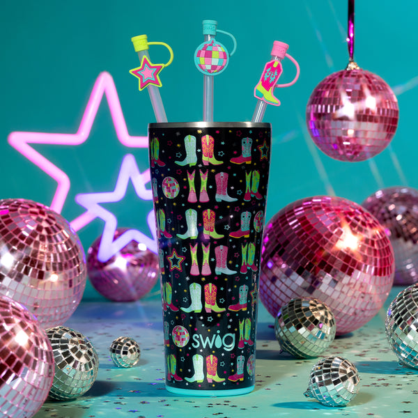 Swig Life Insulated Disco Cowgirl 32oz Tumbler on a blue background with shiny disco balls