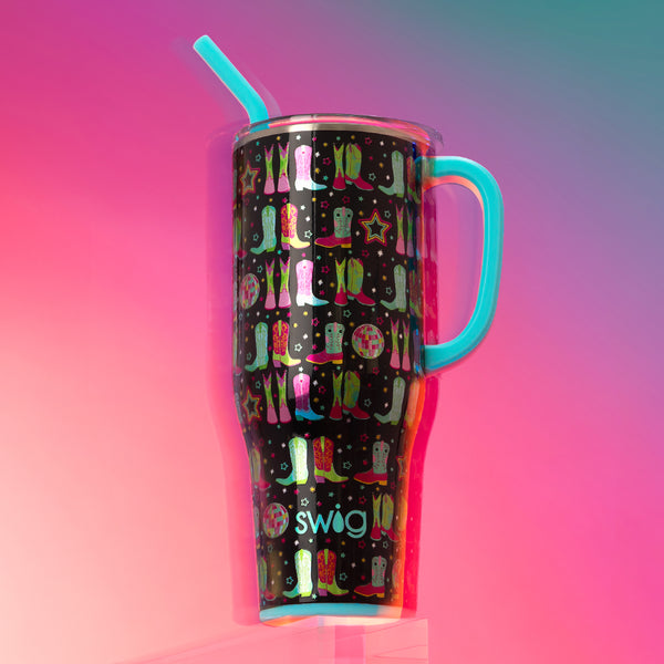 Swig Life Insulated Disco Cowgirl 40oz Mega Mug on a bright pink and purple background