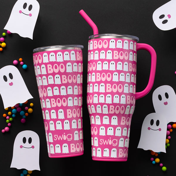 Swig Life Faboolous Insulated 40oz Mega Mug and 32oz Tumbler on a black ground with ghosts