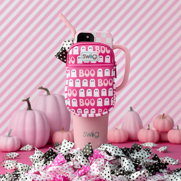 Swig Life Faboolous Neoprene Mega Mug Pouch on a striped pink background with pumpkins and candy treats