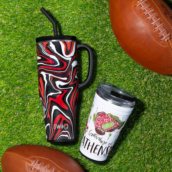 Swig Life Fanzone Black + Red 40oz Mega Mug and Saturdays in Athens 24oz Party Cup with footballs