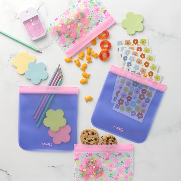 Swig Life Flower Power Reusable Baggies with snacks and back to school items