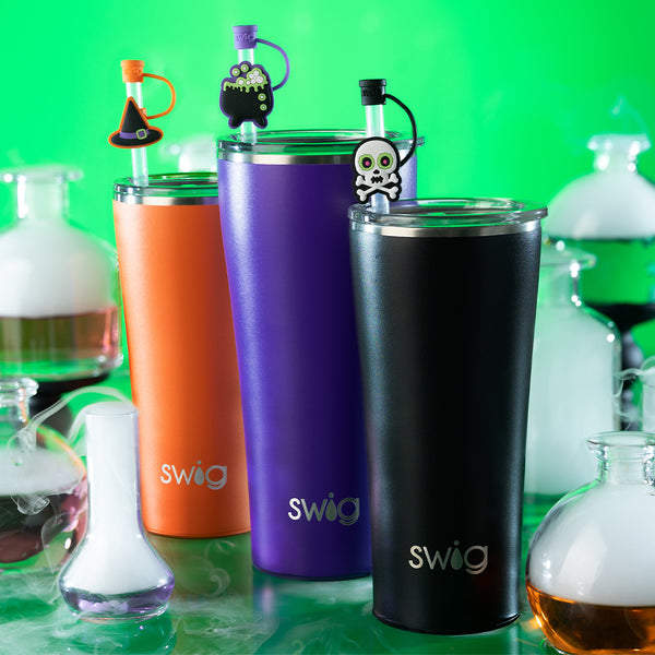 Swig Life Halloween Witch Straw Topper Set paired with Insulated Tumblers and clear straws