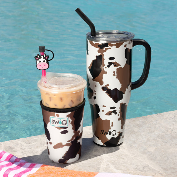 Swig Life Insulated Hayride 40oz Mega Mug and Hayride Iced Cup Coolie poolside with Farm Straw Topper