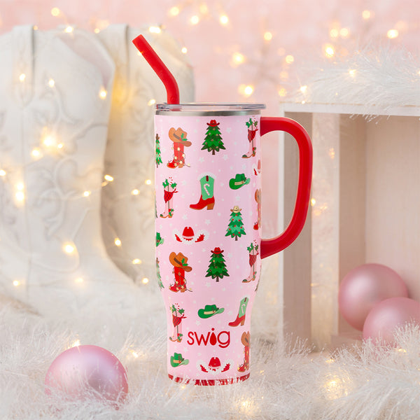 Swig Life 40oz Howdy Holidays Insulated Mega Mug on a white Christmas background