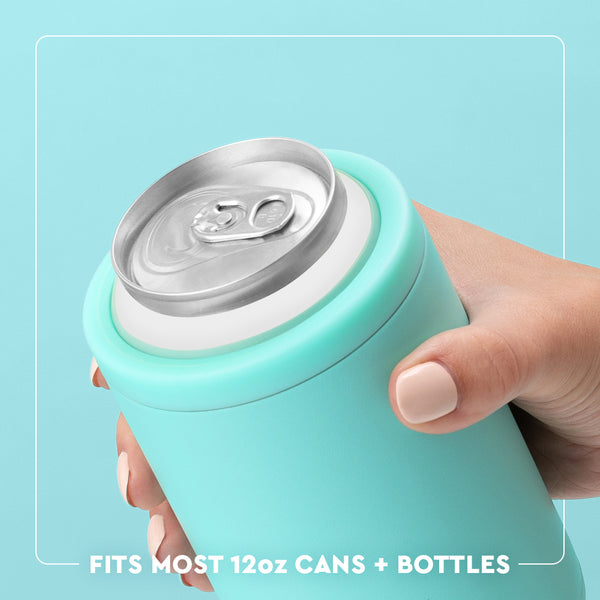 Swig Life 12oz Can + Bottle Cooler infographic showing the view from the top. Fits most 12oz cans and bottles