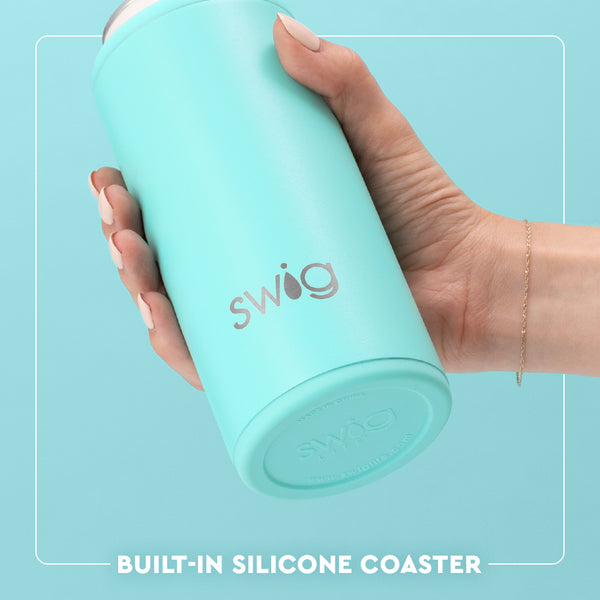 Swig Life 12oz Skinny Can Cooler Built-in Silicone Coaster Base infographic shown in Aqua - slip-free, scratch-free, noise-free 