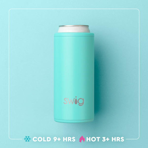 Swig Life 12oz Skinny Can Cooler temperature infographic - cold 9+ hours or hot 3+ hours