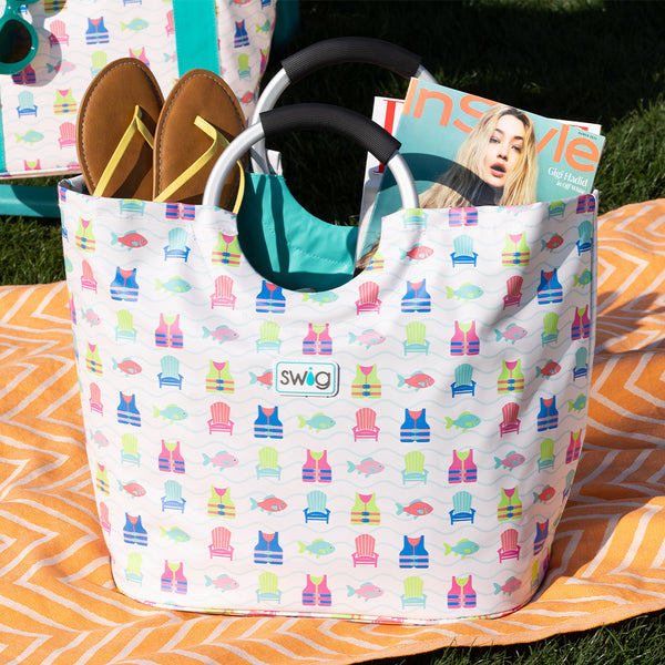 Swig Life Lake Girl Loopi Tote Bag with handle filled with sandals and magazines for summer