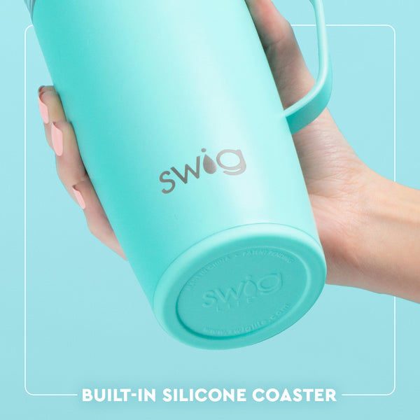 Swig Life Built-in Silicone Coaster Base infographic shown in Aqua - slip-free, scratch-free, noise-free 