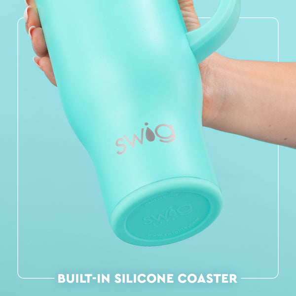 Swig Life 30oz Mega Mug with Straw Lid Built-in Silicone Coaster Base infographic shown in Aqua - slip-free, scratch-free, noise-free 