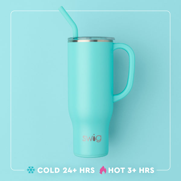 Swig Life 30oz Mega Mug temperature infographic - cold 24+ hours or hot 3+ hours