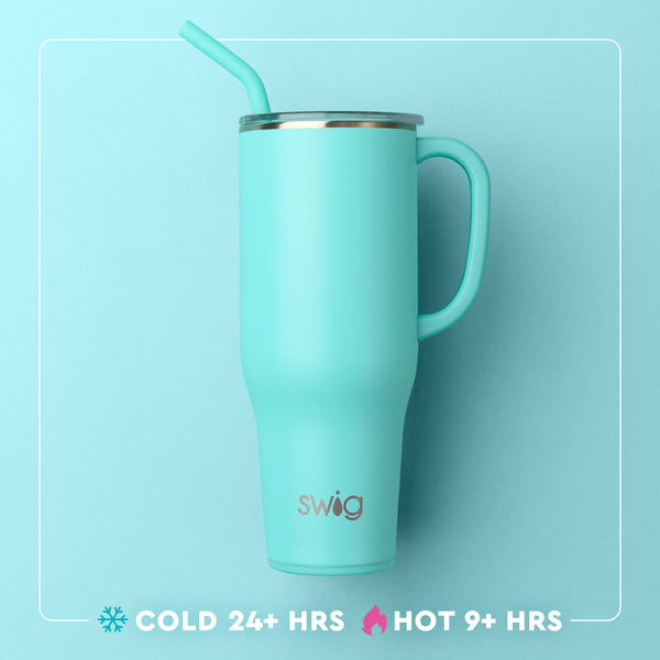 Swig Life 40oz Mega Mug temperature infographic - cold 24+ hours or hot 9+ hours