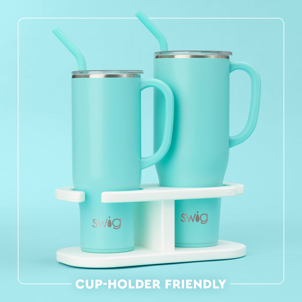 Infographic showing the size difference of the Swig Life 30oz Mega Mug and 40oz Mega Mug, both are cup-holder friendly