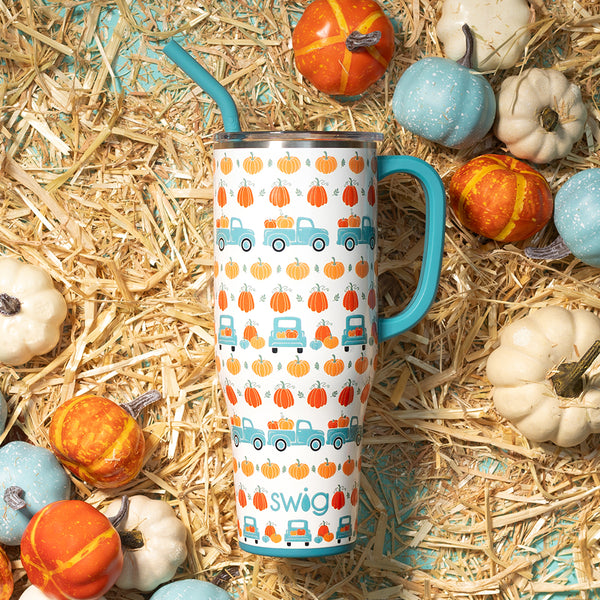 Swig Life Pumpkin Patch Insulated 40oz Mega Mug with fall festive straw and colorful pumpkins