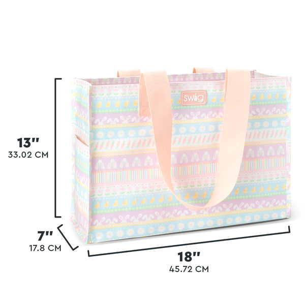 Swig Life Bunny Trail Large Reusable Bag size scale graphic showing dimensions