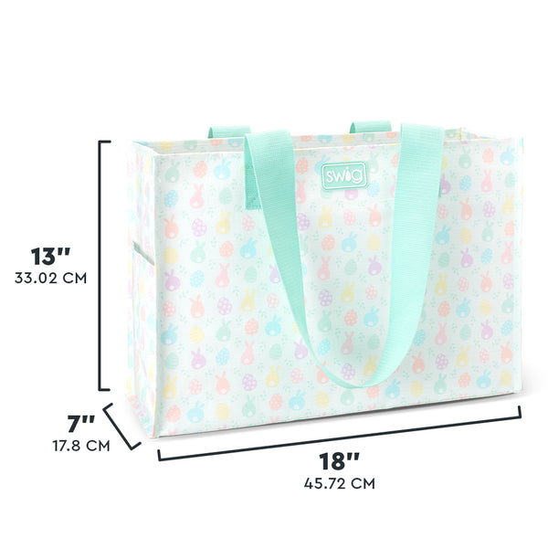 Swig Life Egg Hunt Large Reusable Bag size scale graphic showing dimensions