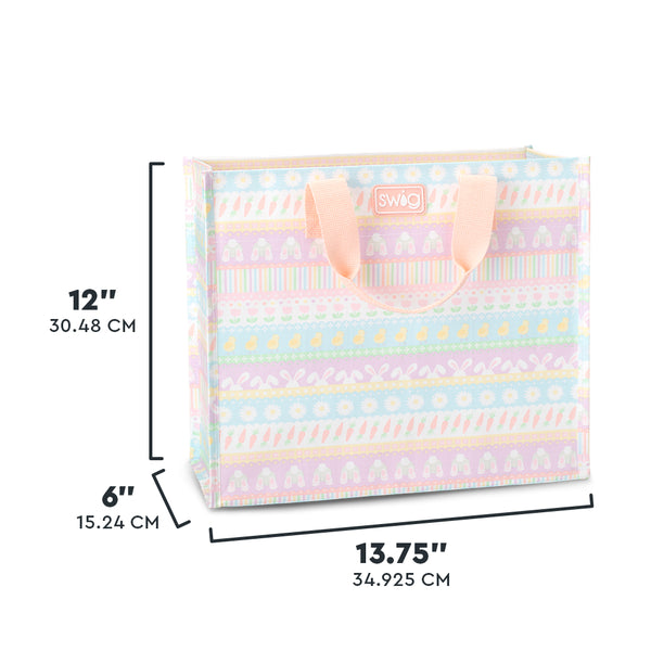 Swig Life Bunny Trail Medium Reusable Bag size scale graphic showing dimensions