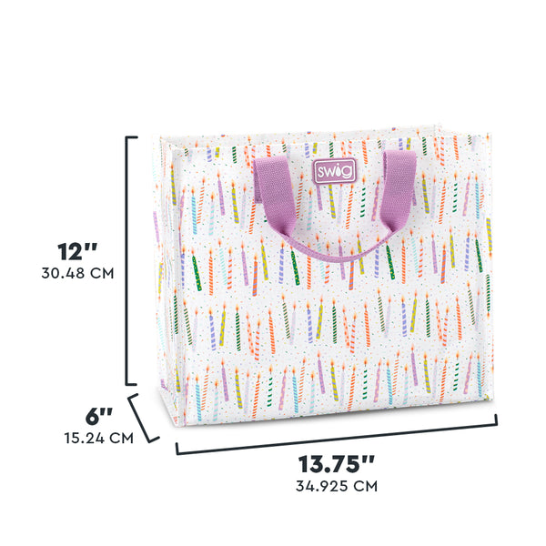 Swig Life Make a Wish Medium Reusable Bag size scale graphic showing dimensions