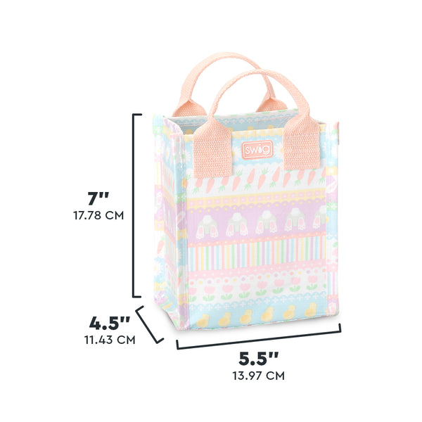 Swig Life Bunny Trail Mini Reusable Bag size scale graphic showing dimensions