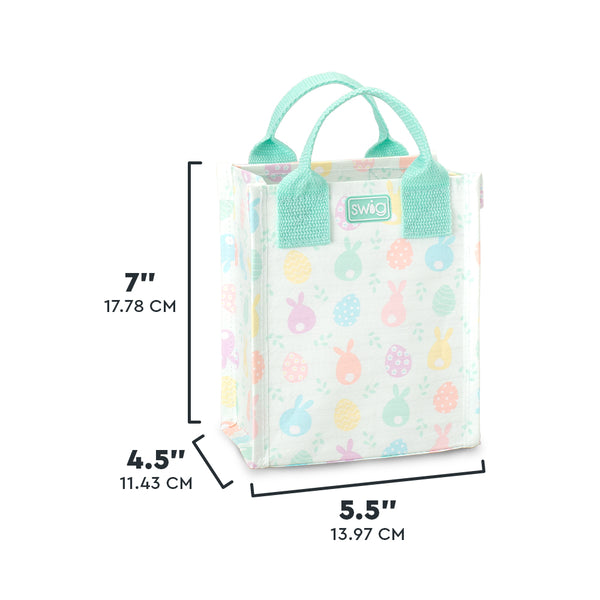 Swig Life Egg Hunt Mini Reusable Bag size scale graphic showing dimensions