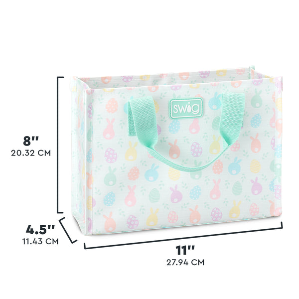 Swig Life Egg Hunt Small Reusable Bag size scale graphic showing dimensions