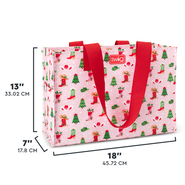 Swig Life Howdy Holidays Large Reusable Bag size scale graphic showing dimensions