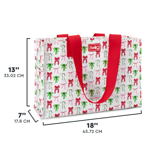 Swig Life Ribbons and Bows Large Reusable Bag size scale graphic showing dimensions