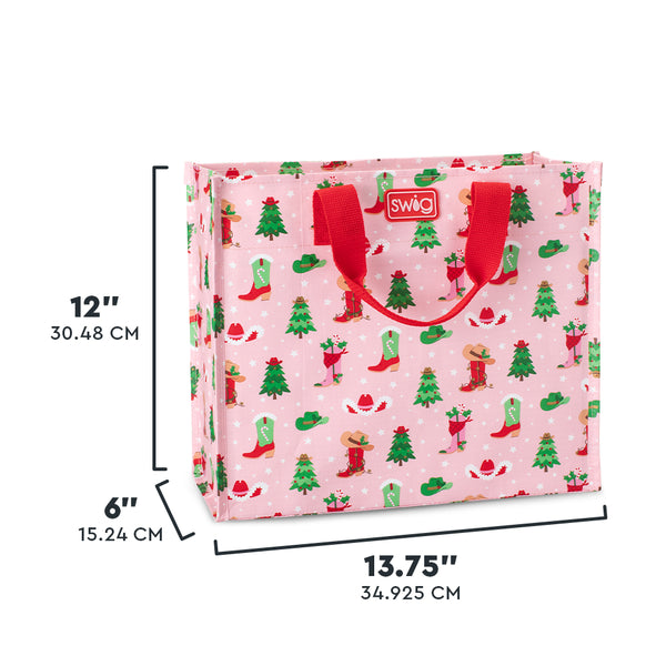 Swig Life Howdy Holidays Medium Reusable Bag size scale graphic showing dimensions