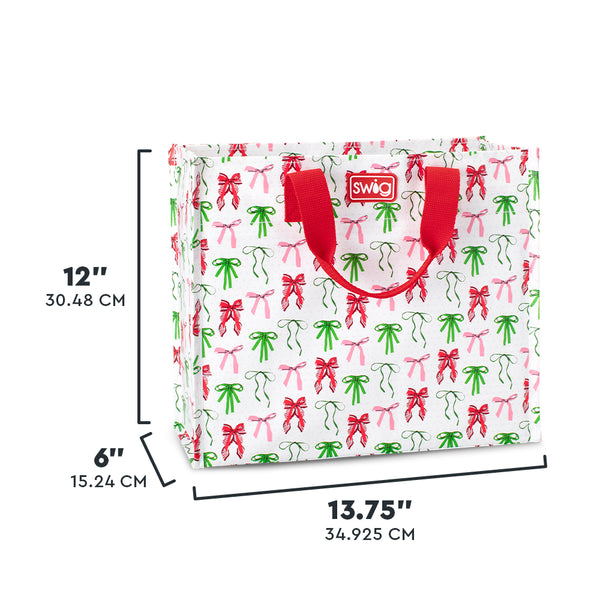 Swig Life Ribbons and Bows Medium Reusable Bag size scale graphic showing dimensions