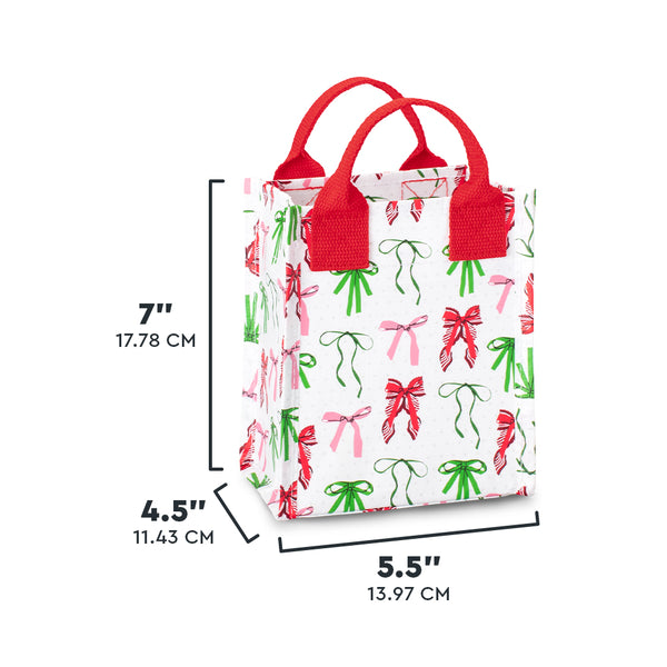 Swig Life Ribbons and Bows Mini Reusable Bag size scale graphic showing dimensions