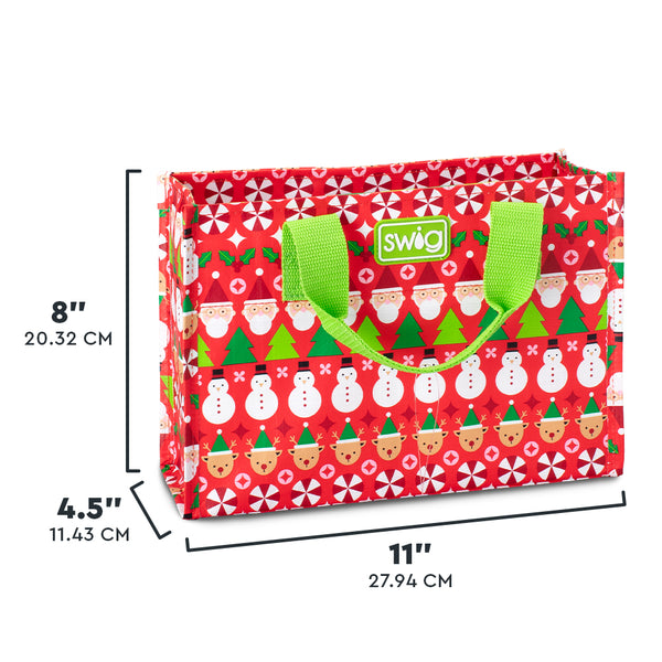 Swig Life Christmas Crew Small Reusable Bag size scale graphic showing dimensions