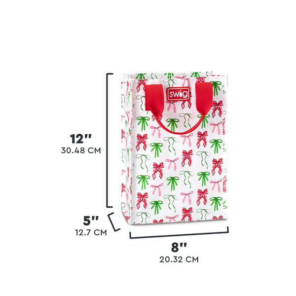 Swig Life Ribbons and Bows Tall Reusable Bag size scale graphic showing dimensions