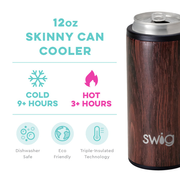Swig Life 12oz Bourbon Barrel Skinny Can Cooler temperature infographic - cold 9+ hours or hot 3+ hours