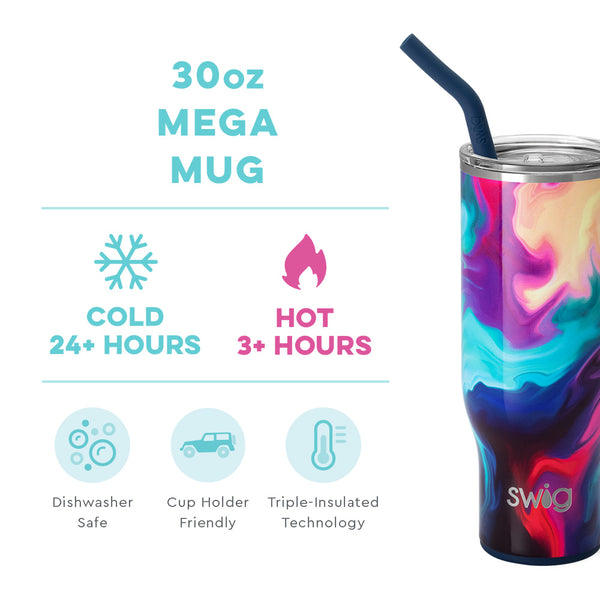 Swig Life 30oz Aura Mega Mug temperature infographic - cold 24+ hours or hot 3+ hours