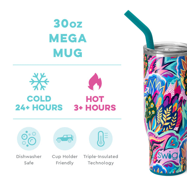 Swig Life 30oz Bazaar Mega Mug temperature infographic - cold 24+ hours or hot 3+ hours