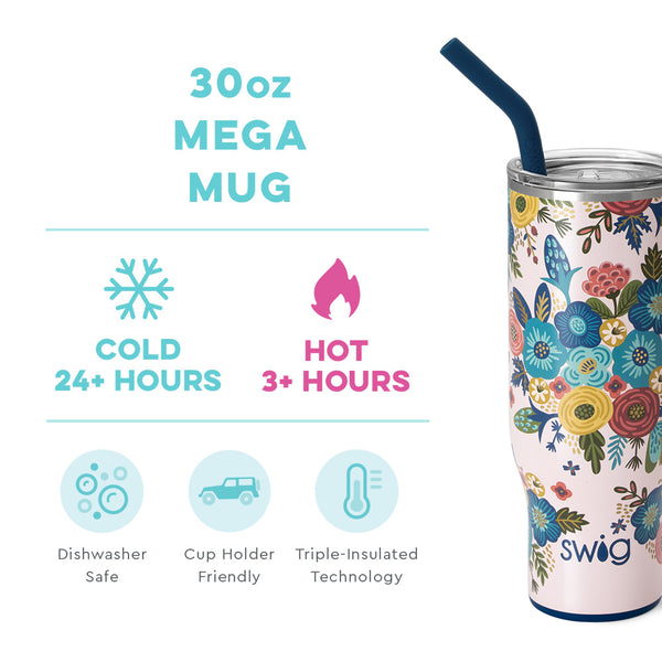 Swig Life 30oz Bella Rosa Mega Mug temperature infographic - cold 24+ hours or hot 3+ hours